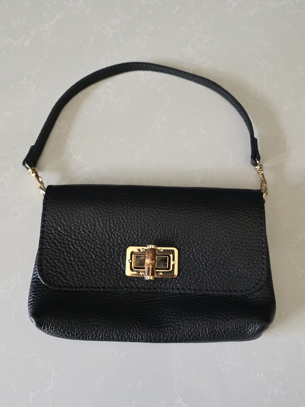 Italian Black Leather Top-Handle  Bag with Gold Turn-Lock